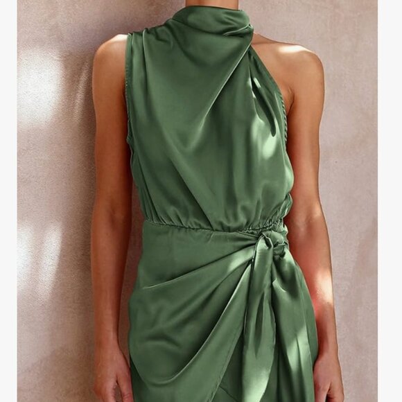 NWT PRETTYGARDEN Women's Formal Satin Dress Sleeveless Mock Neck Tie Waist, L - Picture 4 of 8